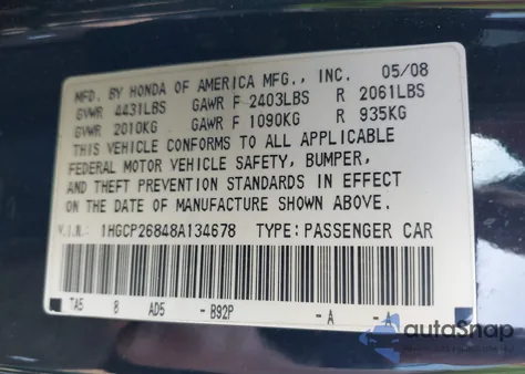 2008 Honda Accord 2.4 Ex-L z USA, uszkodzony, nr VIN 1HGCP26848A134678